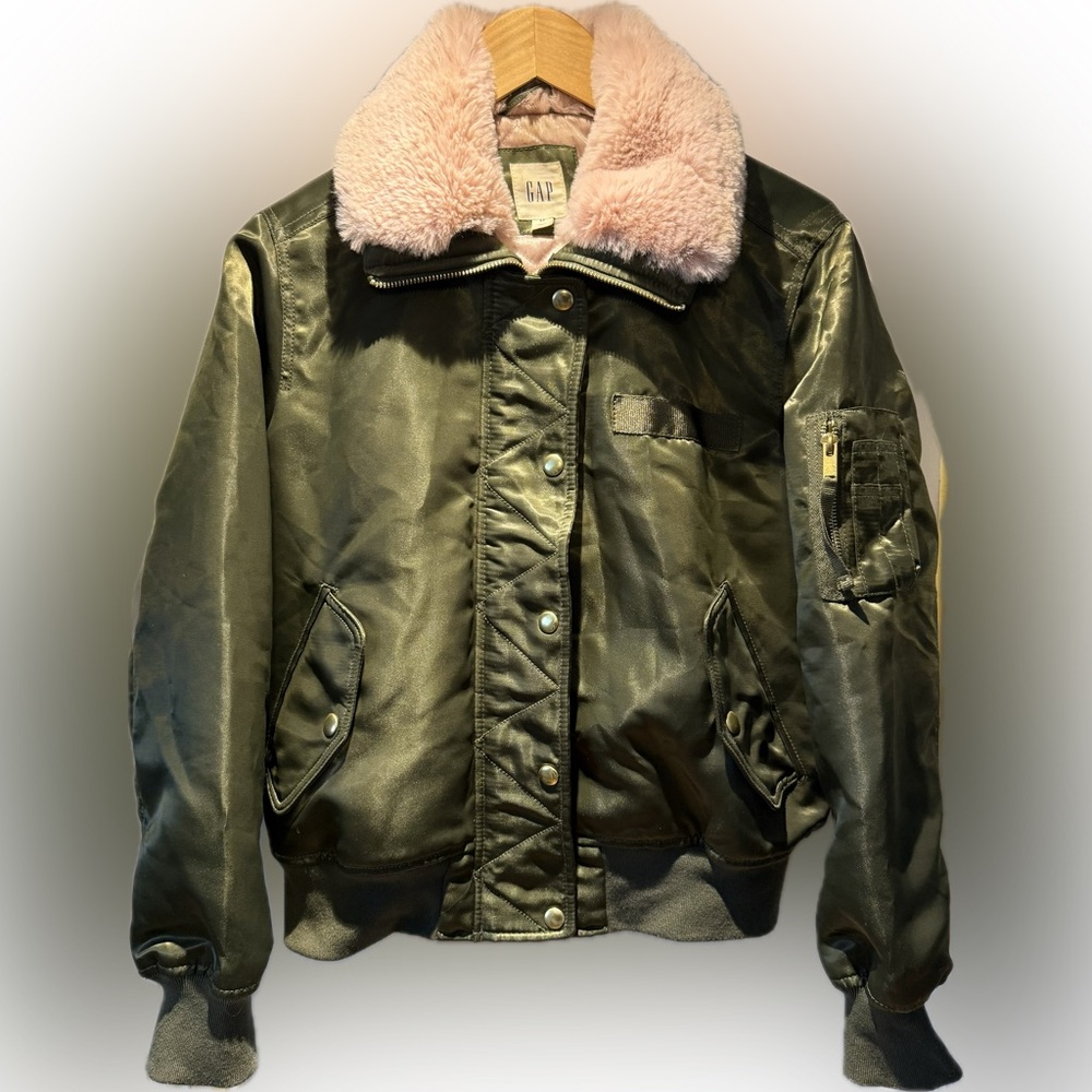 GAP GREEN SATIN-LIKE BOMBER JACKET WITH FAUX FUR COLOR